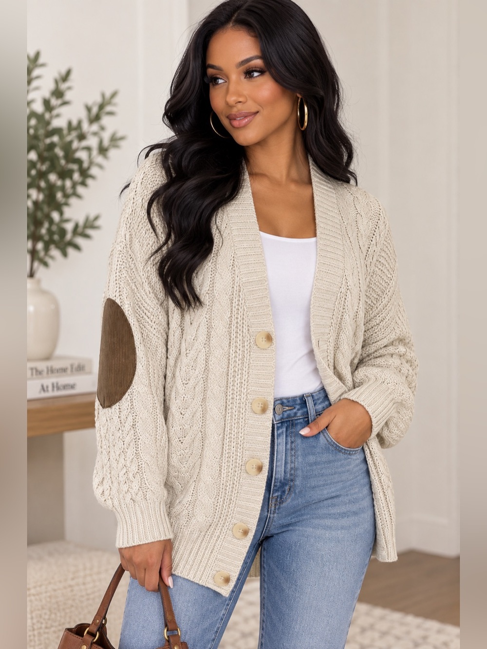 Olive & Oak Ivory Cable Knit Oversized Cardigan Brown Elbow Patches